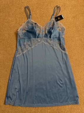 Wacoal Slate Blue Satin Chemise with Ivory Lace Accents